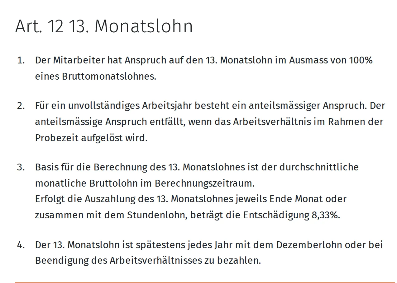 Article 12 of the hospitality agreement in German: a 13th salary of one gross monthly salary, a pro rata share in an incomplete year, lost if the job ends in probation, 8.33% if paid monthly or by the hour, due in December or on leaving