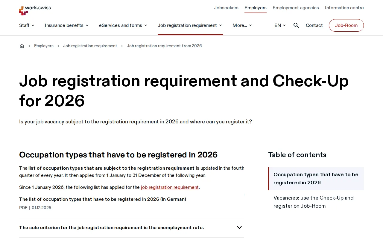 La page « Obligation d'annonce et Check-Up pour 2026 » de arbeit.swiss, montrant que la liste des professions est mise à jour chaque automne et s'applique du 1er janvier au 31 décembre de l'année suivante