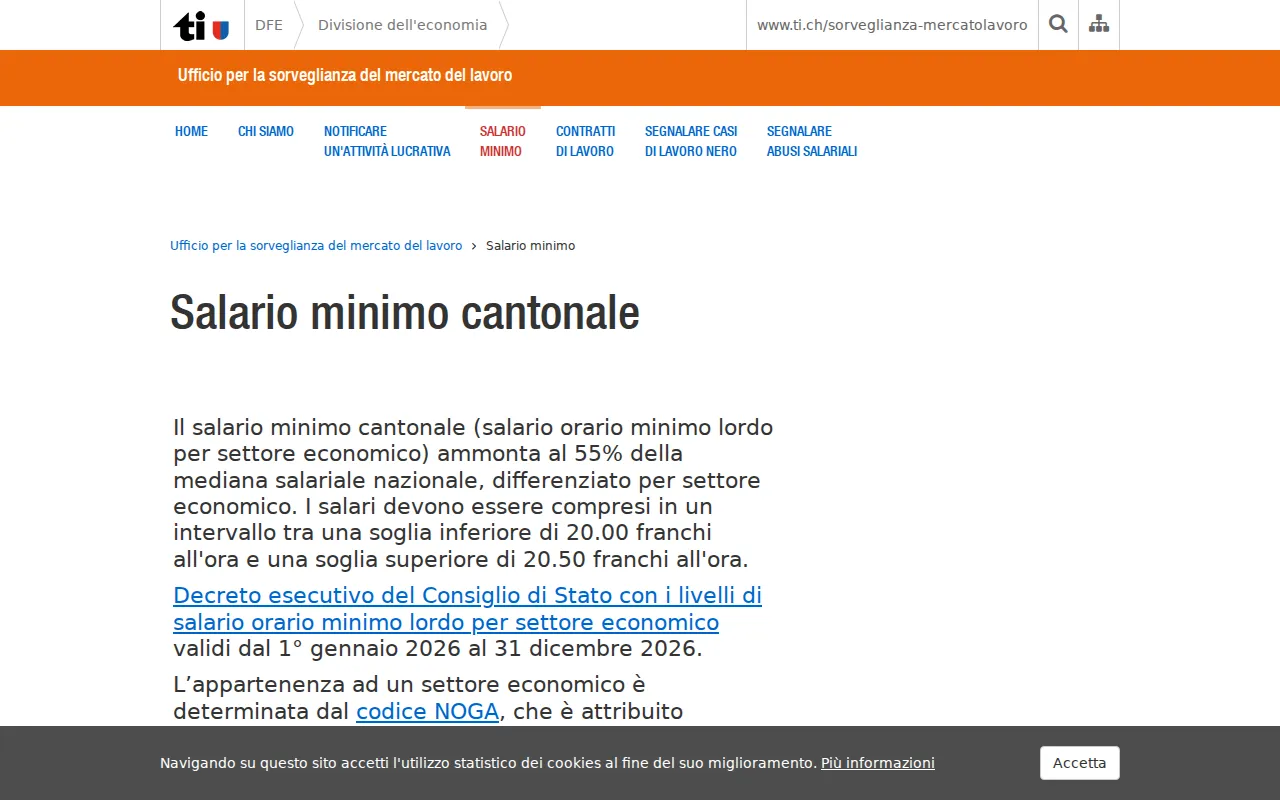 La page du canton du Tessin sur le salaire minimum cantonal
