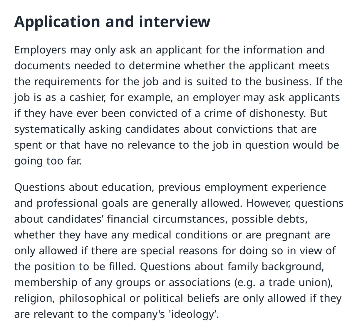 FDPIC page, Application and interview: employers may only ask what shows fit for the job; finances, debts, health and pregnancy need special reasons; family background, union, religion and politics only for ideological employers.
