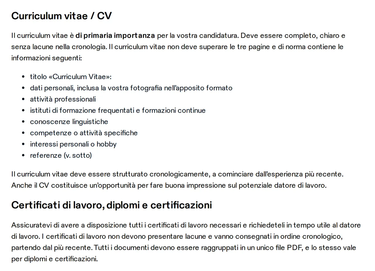 Testo di arbeit.swiss: il CV non supera le tre pagine e contiene dati personali con fotografia, attività professionali, formazione, lingue e referenze; certificati di lavoro senza lacune, dal più recente, in un unico PDF.