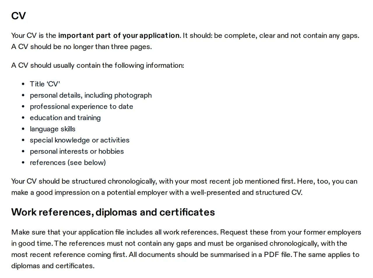 Text from arbeit.swiss: a CV should be no longer than three pages and list personal details including photograph, experience, education, languages and references; work references complete, newest first, in one PDF.
