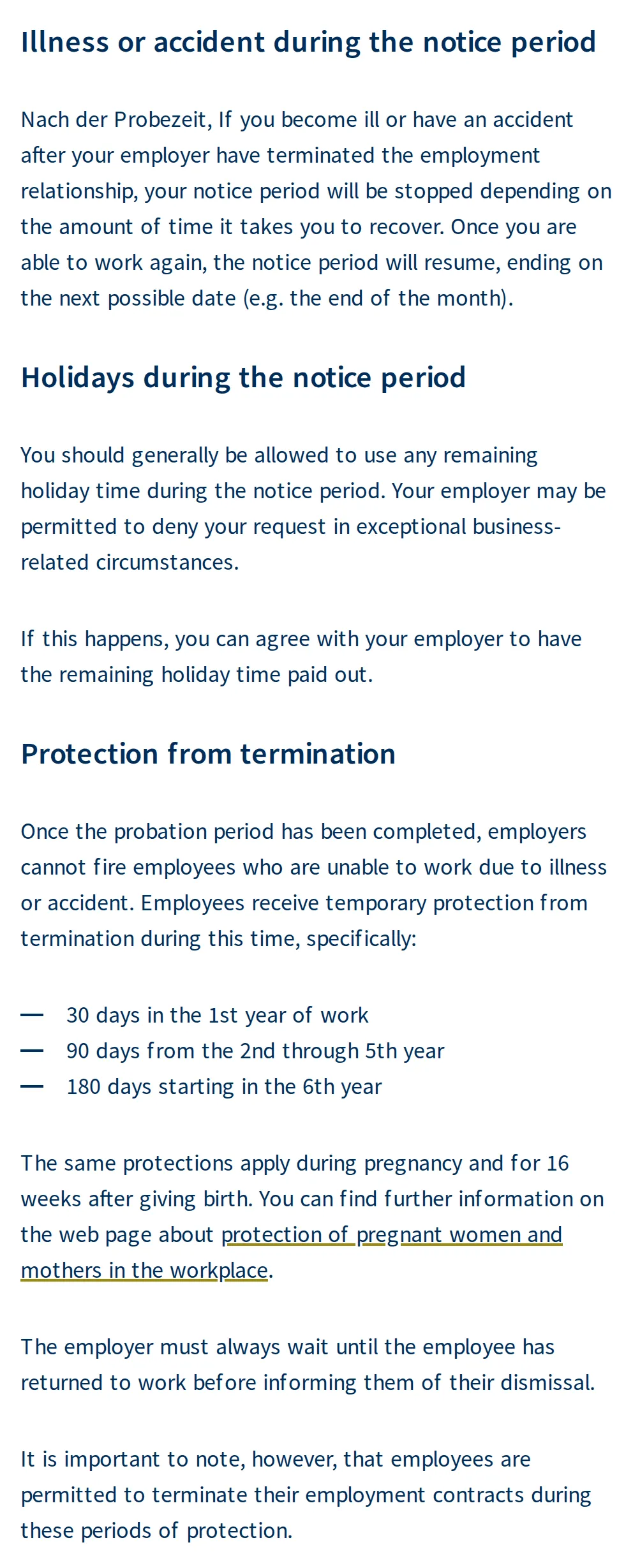 Text from ch.ch: illness stops the notice period after the employer has given notice; remaining holidays can generally be taken during notice; protection from dismissal during illness, and employees may still resign in that time.