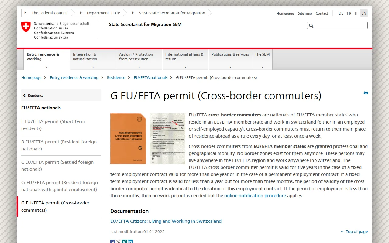 Page du SEM sur le permis G pour les frontaliers UE/AELE