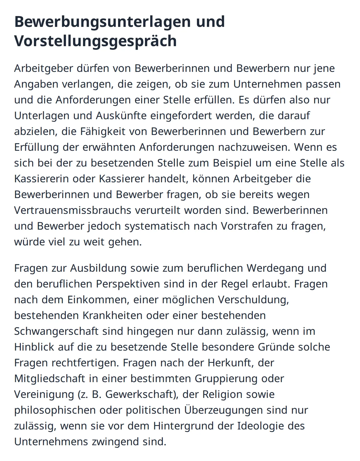 EDÖB-Seite zum Vorstellungsgespräch: Arbeitgeber dürfen nur fragen, was die Eignung zeigt; Einkommen, Schulden, Krankheit und Schwangerschaft brauchen besondere Gründe; Herkunft, Gewerkschaft, Religion, Politik nur bei Tendenzbetrieben.