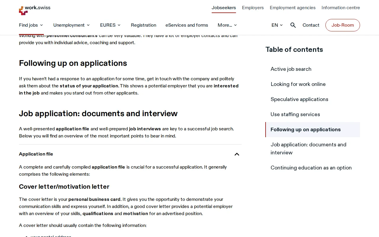 La section « Dossier de candidature » de la page de conseils de candidature de arbeit.swiss, ouverte sur son premier élément, la lettre de motivation