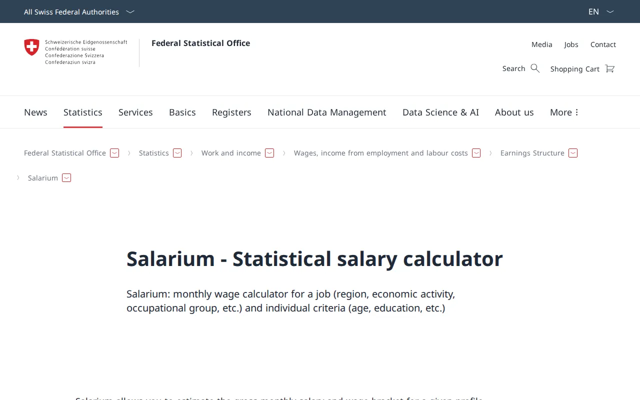 La page de l'OFS consacrée au calculateur de salaires Salarium